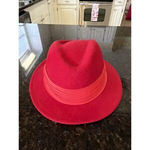 Lancaster Womens Hat Vintage Red 100% Wool Fedora‎ Red Silky Ribbon Cap Warm